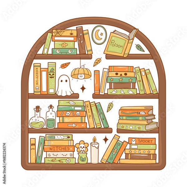 Fototapeta Halloween Bookshelf with Colorful Spooky Books and Magic Potions Pumpkin Hand Drawn Design Vector illustration