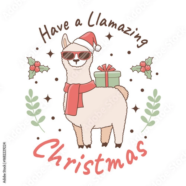 Fototapeta Hand drawn vector illustration of a cute funny llama with santa hat and sunglasses, text Have a Llamazing Christmas. Isolated objects on white