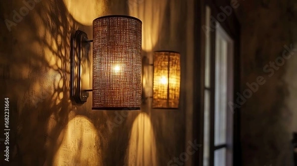 Fototapeta Two sconce lights with woven shades illuminating a textured wall in a dimly lit interior space