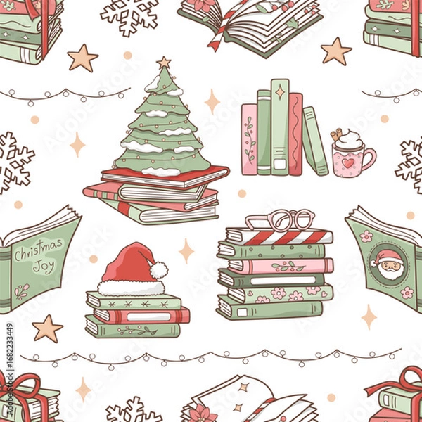 Fototapeta Christmas Book Lover Seamless Pattern, Xmas Tree Books Fabric Design Vector