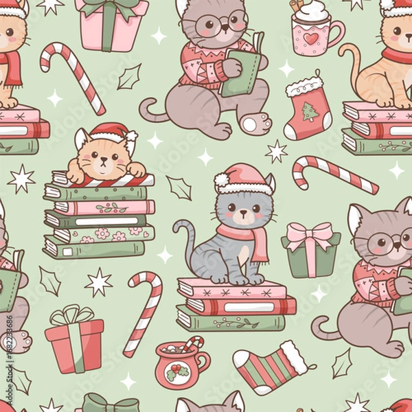 Fototapeta Cozy Christmas Cat Seamless Pattern, Xmas Cat Reading Fabric Design Vector