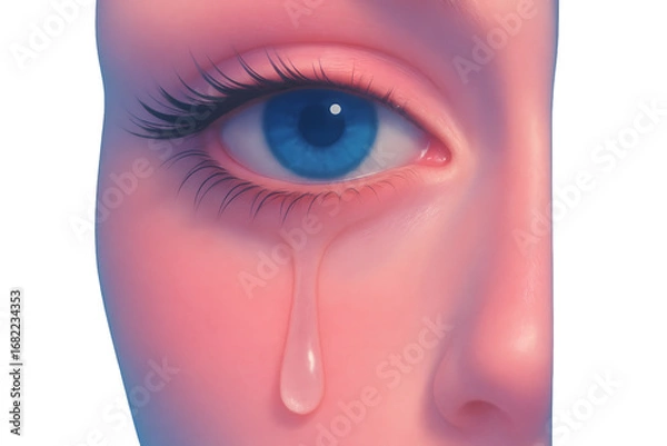 Fototapeta Hyper-Stylized Digital Portrait of a Blue Eye Crying a Single Tear on a Soft, Rosy Face with Smooth Gradient Lighting