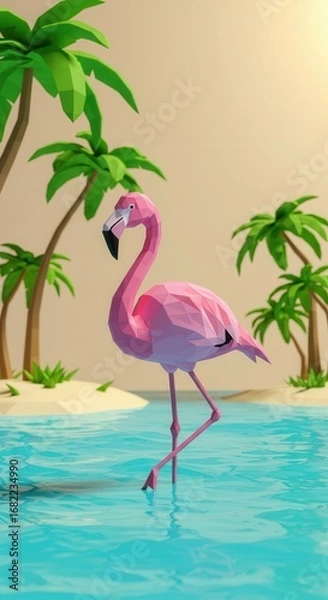 Fototapeta A pink flamingo stands in a tranquil, low-poly tropical scene, highlighting the vibrant colors and simple shapes of a digital art piece.