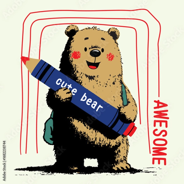 Obraz Cartoon bear smiling while holding big crayon with fun comic style
