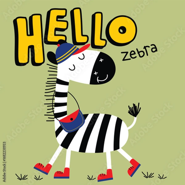 Obraz Cute zebra character with bag shoes and hat on green background
