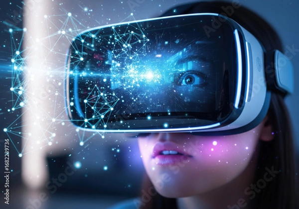Fototapeta Woman wearing vr headset with digital network visualization. Virtual reality technology, cyber space exploration, futuristic interface experience. Immersive world, artificial intelligence concept.