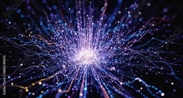 Obraz Neural network visualization with glowing connections radiating from central hub. Digital brain synapse pattern shows artificial intelligence data processing, quantum computing concept. Futuristic