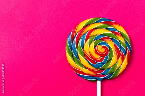 Fototapeta Tasty appetizing Party Accessory Sweet Swirl Candy Lollypop on Pink Background Top View