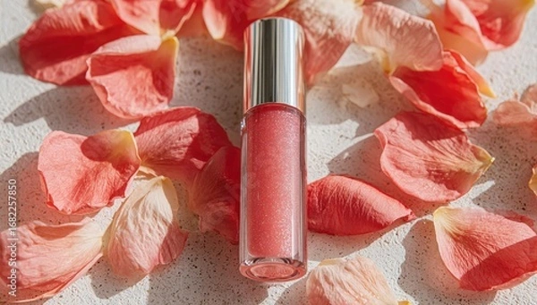 Obraz Pink lip gloss sits among scattered rose petals on a light surface