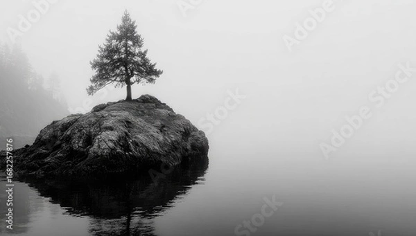 Fototapeta Solitary conifer on misty islet, reflected in calm water