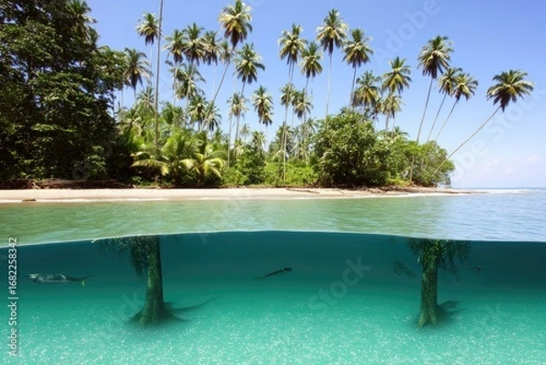 Fototapeta Tropical beach split view, above and below waterline, showing palm trees, sand, and clear water with fish