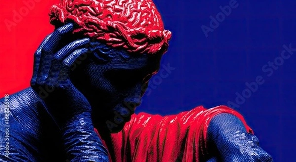 Fototapeta A sculpted head, deep reds and blues, thoughtful pose