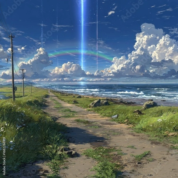 Fototapeta Coastal path under vibrant sky with rainbow and light beam