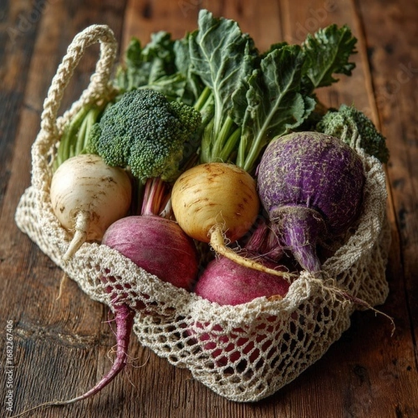 Fototapeta Fresh produce in reusable mesh bag (1)