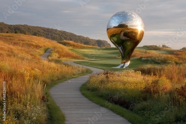 Fototapeta Polished sphere sculpture on a winding path through golden autumnal landscape