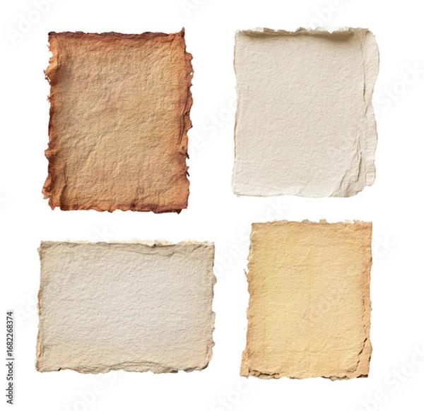 Fototapeta Four antique-style paper sheets, varying shades of tan and beige, with uneven edges
