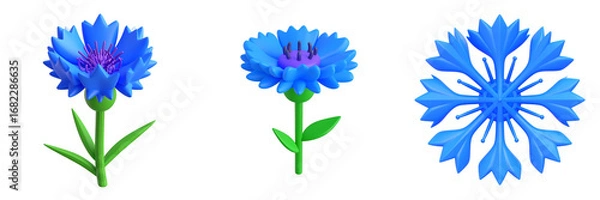 Fototapeta Three Cornflower Blossoms Isolated Against Transparent Background Showing Detailed Petals and Green Stems