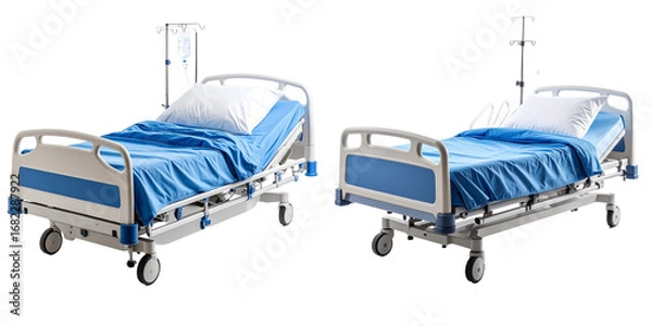 Obraz Two Modern Hospital Beds with Blue Bedding and White Pillows on Transparent Background