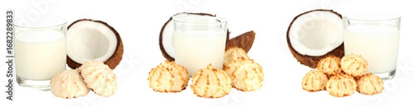 Obraz Coconut Milk In Glass with Coconut Halves and Macaroons against a Transparent Background