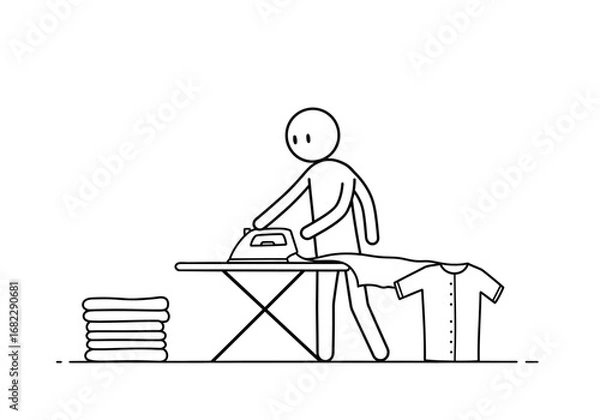Fototapeta Stick figure ironing on a board with a stack of clothes and a shirt nearby
