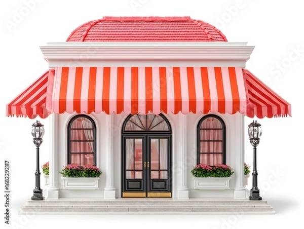 Fototapeta Charming miniature building boasts a striped awning and flower boxes, a whical architectural delight in white.