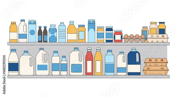 Fototapeta Grocery store dairy and beverage aisles featuring milk eggs and various drinks organized on shelves