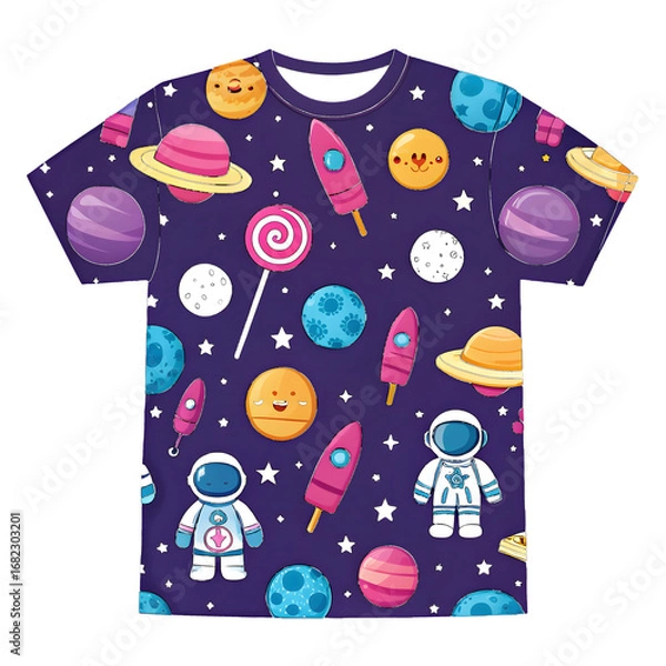 Obraz Dark blue t-shirt with space-themed pattern of astronauts and planets apparel clothing isolated on a transparent background