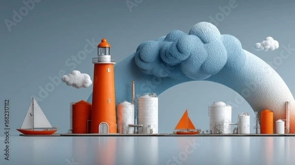 Fototapeta Minimalist industrial harbor scene, 3D render style, in orange, white, and blue, representing commerce, environment, and navigation.