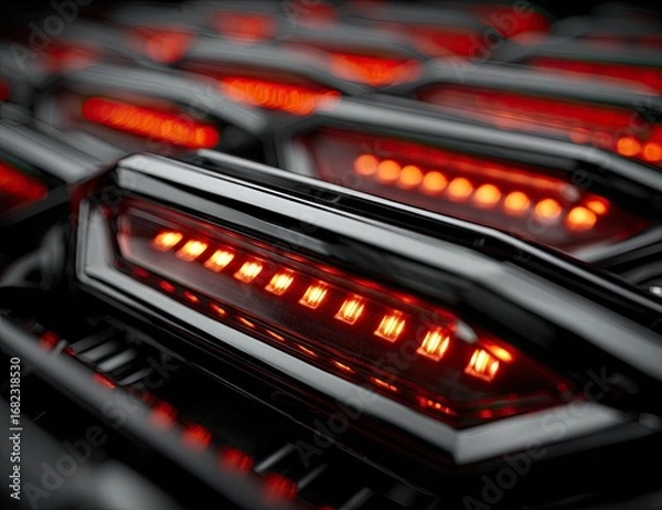 Fototapeta Close-up of rows of glowing red lights on dark, metallic panels