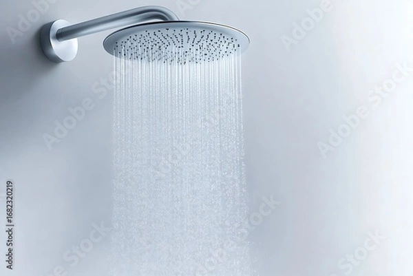Fototapeta Water streams flowing from a modern chrome shower head mounted on a bathroom wall, a concept for hygiene, wellness, and morning routine