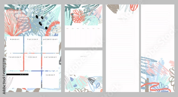 Obraz Weekly and daily planner. Notes and to do list set. Hand drawn brush strokes. Abstract tropical background in pastel colors. 