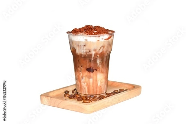 Obraz Ice mocha served on wooden plates in white background and isolate concept.