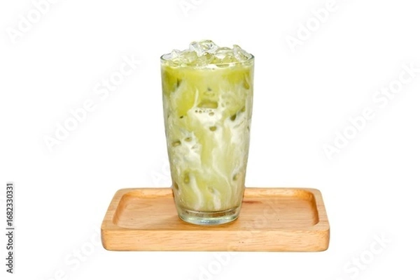 Obraz Ice matcha green tea latte serving on wooden plate on white background, looking delicious.