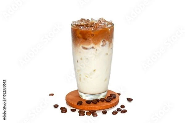 Obraz Pictures of latte ice coffee serving on wooden with coffee beans spread around glass , isolate and white background style.