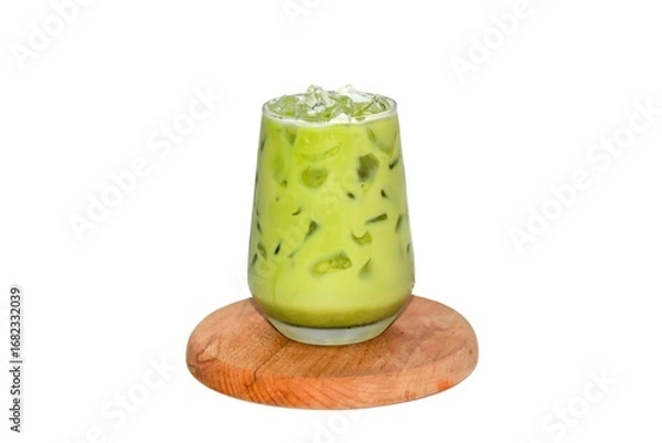 Obraz Ice matcha green tea put on wooden plate in white background concept.