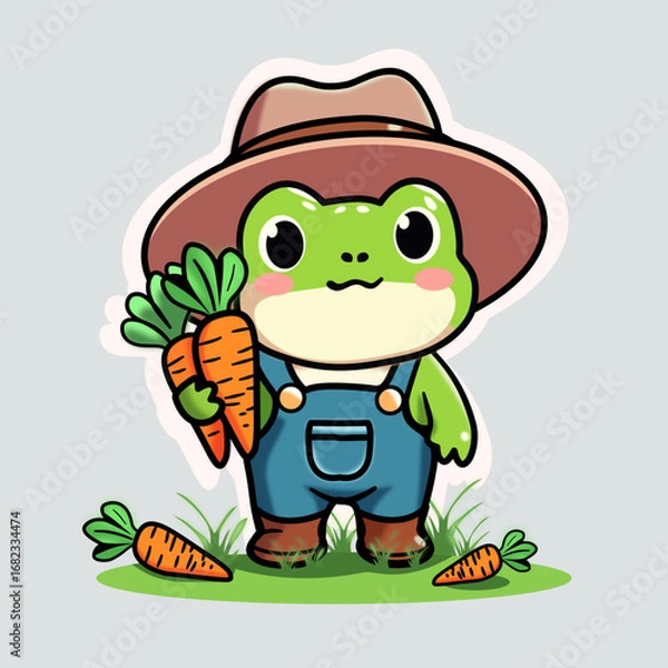 Obraz Cute cartoon of a farmer frog. Green frog with a chubby face, big round eyes, pinkish cheeks, looking cheerful, wearing blue denim overalls, holding a fresh, bright orange carrot. Suitable for stick