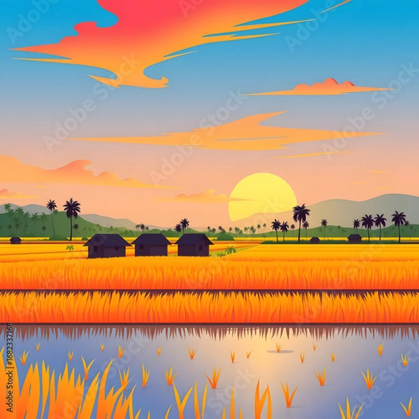 Obraz rice field at sunset