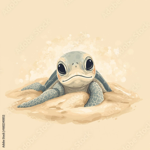 Fototapeta Tender Sea Turtle Hatchling Vector – Baby Tinglar Emerging with Fragile Features