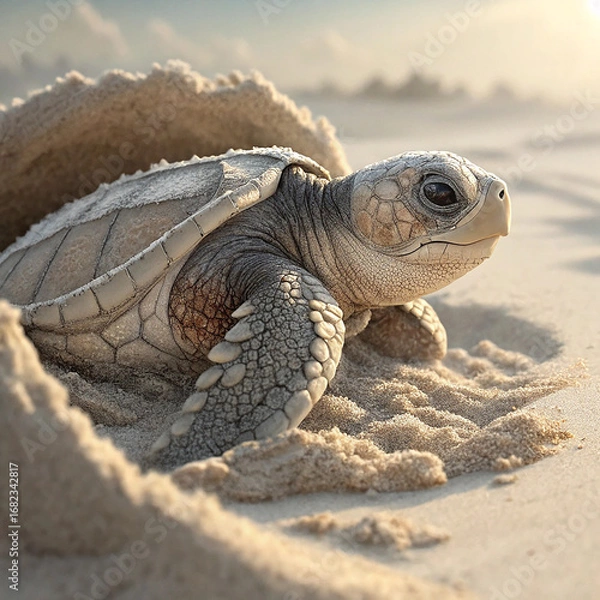 Fototapeta Tender Sea Turtle Hatchling Vector – Baby Tinglar Emerging with Fragile Features