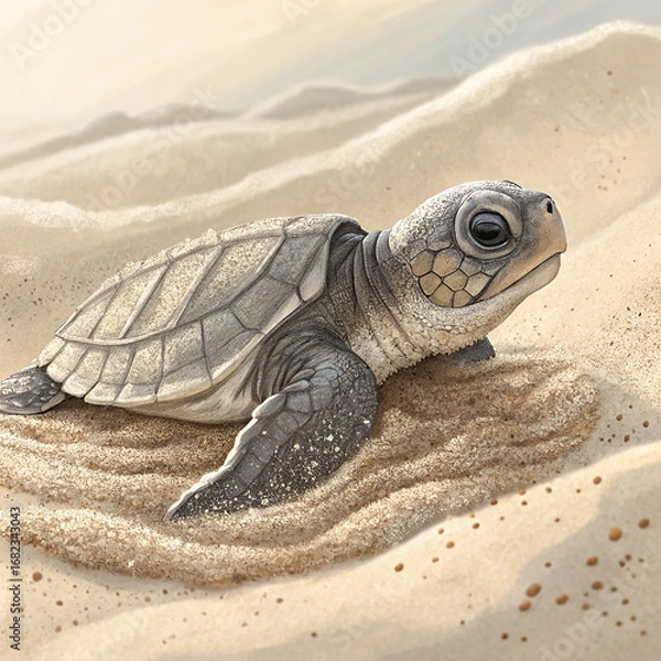 Fototapeta Tender Sea Turtle Hatchling Vector – Baby Tinglar Emerging with Fragile Features