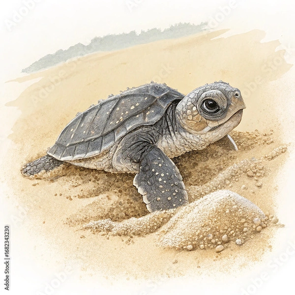 Fototapeta Tender Sea Turtle Hatchling Vector – Baby Tinglar Emerging with Fragile Features