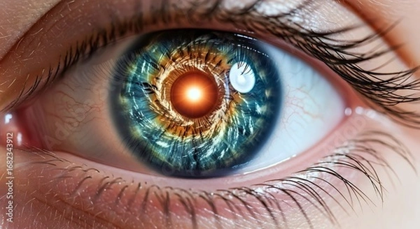 Fototapeta A mesmerizing close-up of a human eye with a glowing, swirling, and futuristic AI-powered iris, representing advanced technology and cybernetic vision.
