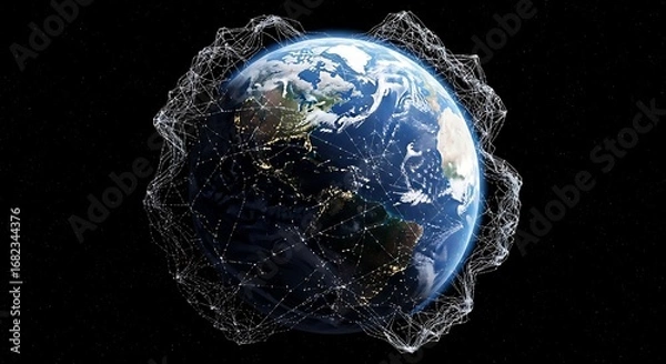 Fototapeta A stunning 3D render of Earth from space, enveloped in a radiant global network grid. Symbolizes interconnectedness, technology, and worldwide communication.