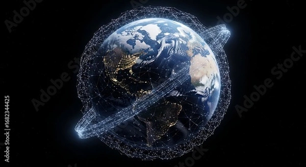 Fototapeta An artistic representation of Earth from space, enveloped in a glowing digital network, symbolizing global communication, connectivity, and technology in the modern world.