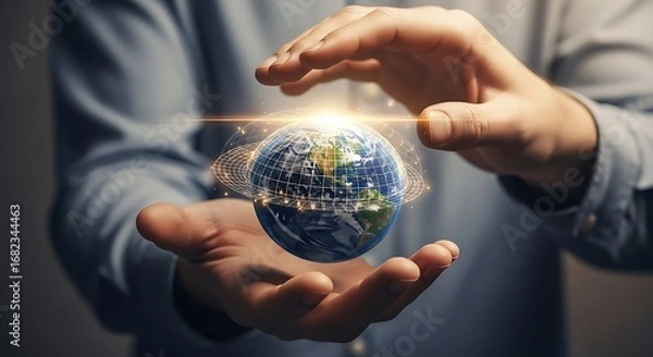 Fototapeta A person's hands gently hold a glowing, digital Earth globe with a network grid, symbolizing global communication, technological connection, and environmental responsibility. 