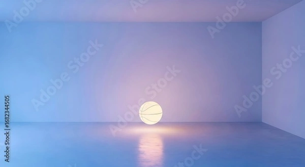 Fototapeta Minimalist 3D render of an empty room with soft blue and purple walls. A glowing basketball illuminates the space with warm light, creating an abstract, serene ambiance.