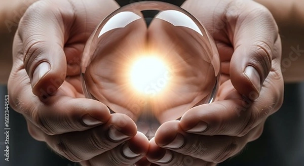 Fototapeta Close-up of hands cupping a clear crystal ball glowing with bright light, symbolizing future, magic, potential, and discovery. Ideal for themes of foresight, innovation, and hope.
