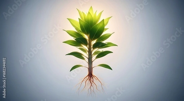 Fototapeta An illustration of a thriving green plant with exposed roots, glowing with light against a serene grey background, representing organic growth and natural vitality.