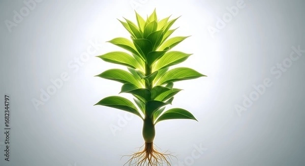 Fototapeta A vibrant green plant with healthy roots displayed against a bright, gradient background, symbolizing growth, nature, and new beginnings. Ideal for botany themes.