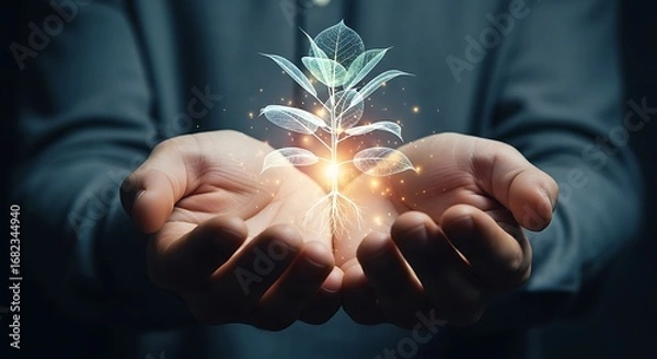 Fototapeta Cupped hands cradle a luminous, ethereal plant with glowing roots and leaves. This image symbolizes sustainable growth, environmental care, innovation, and the future of nature and technology.